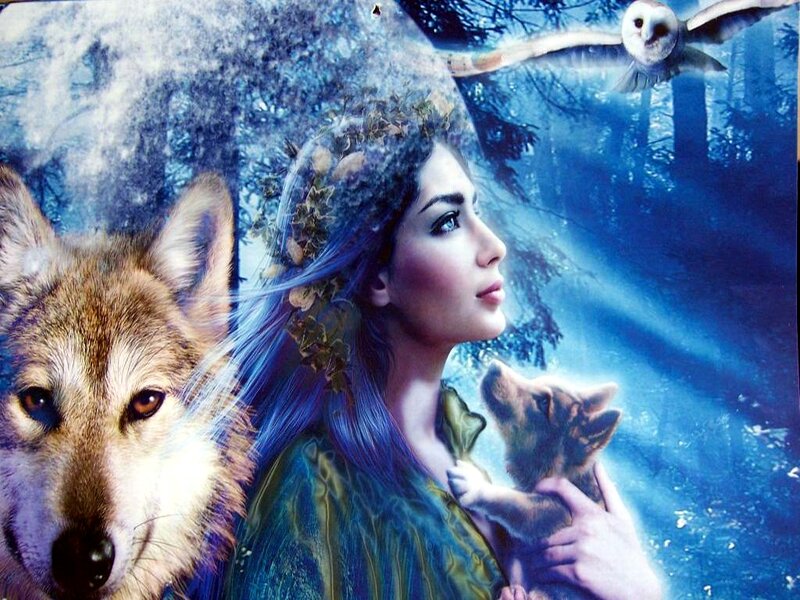 Woman with Wolves and Owl — Blue