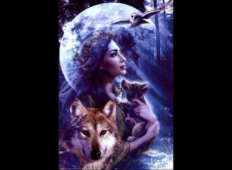 Woman with Wolves and Owl — Purple