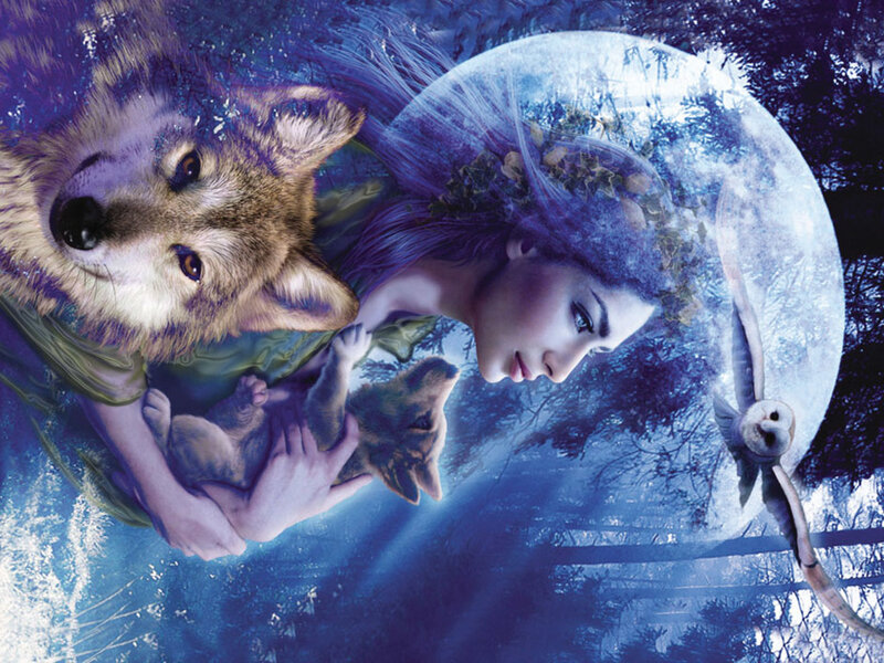 Woman with Wolves and Owl