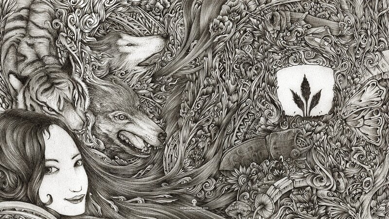 Woman with Wolves and Tiger