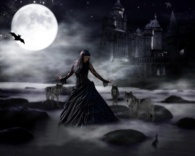 Woman with Wolves — Black, Dramatic, Night, Digital Art, Castle, Moon