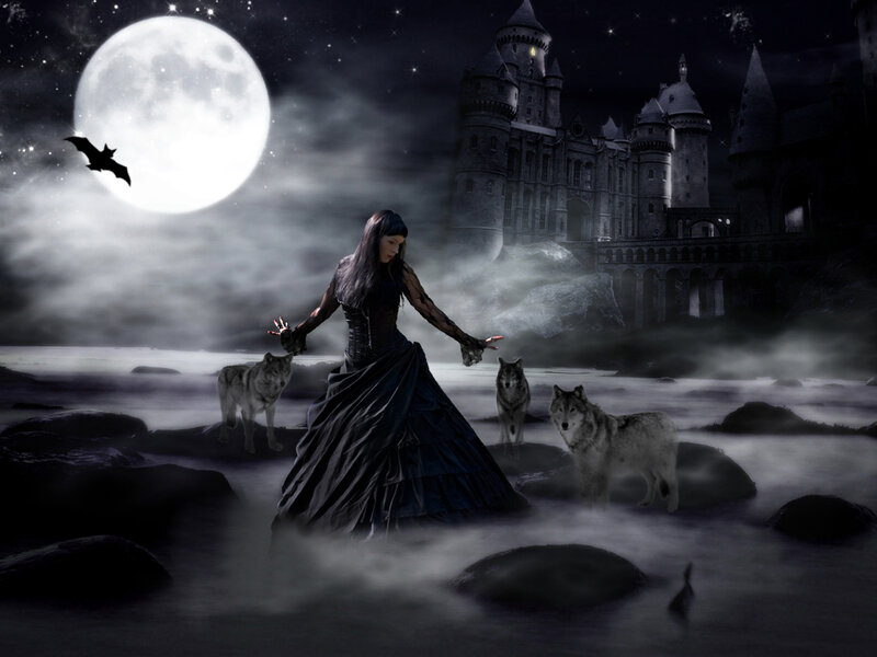Woman with Wolves — Black, Dramatic, Night, Digital Art, Castle