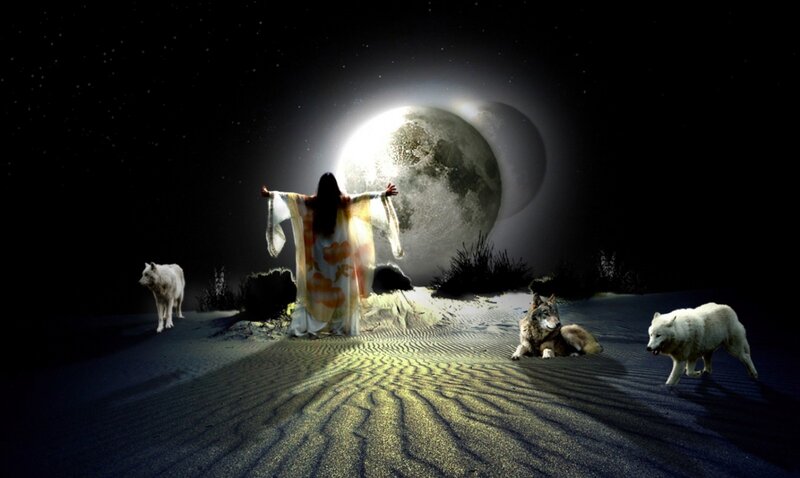 Woman with Wolves — Black, Dramatic, Night, Digital Art, Moon