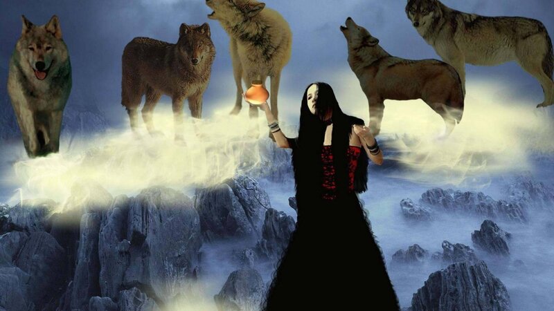 Woman with Wolves — Black, Dramatic, Night, Digital Art, Mountains
