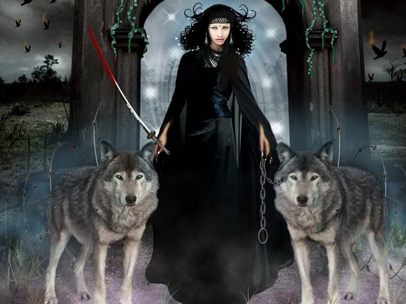 Woman with Wolves — Black, Dramatic, Night, Digital Art, Wolf