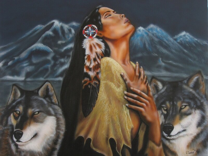 Woman with Wolves — Black, Dramatic, Night, Painting