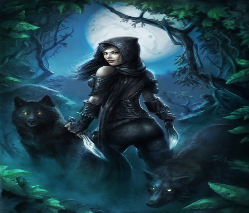 Woman with Wolves — Blue, Dark