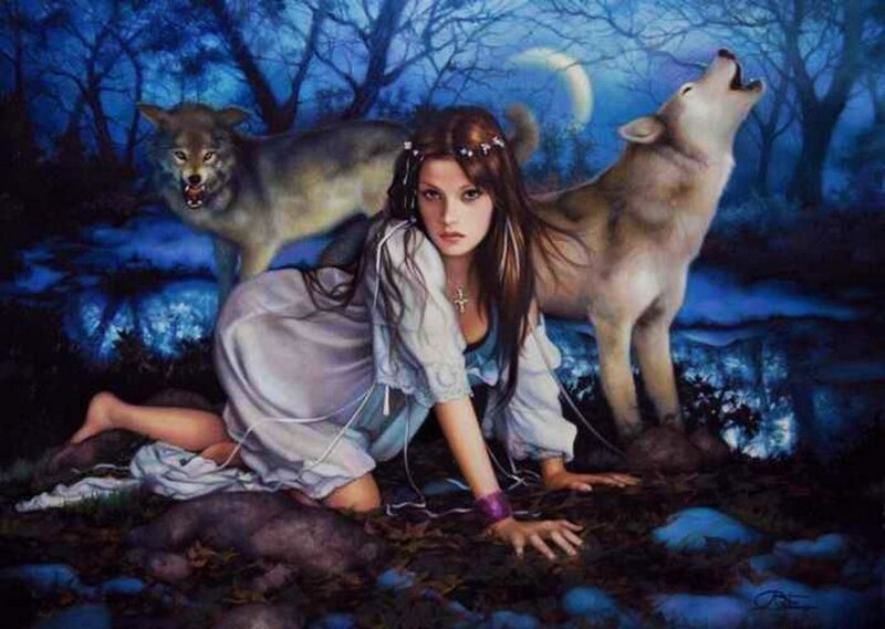 Woman with Wolves — Blue, Dramatic, Night, Digital Art, Moon