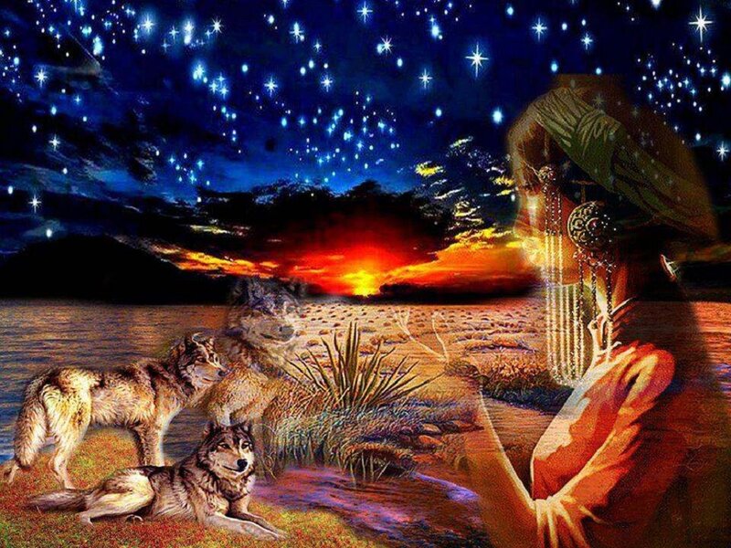 Woman with Wolves — Blue, Dramatic, Night, Digital Art