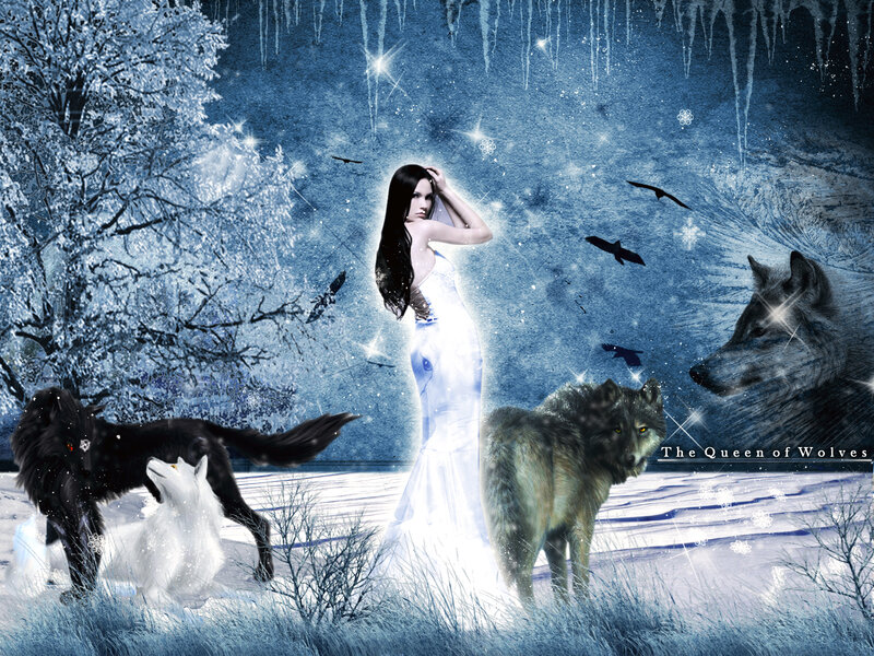 Woman with Wolves — Blue, Fantasy, Winter