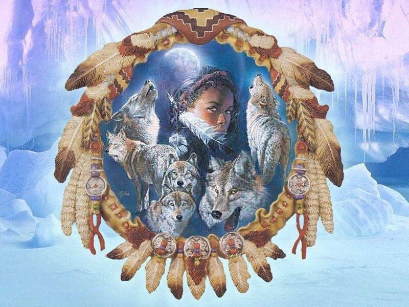 Woman with Wolves — Blue, Mystical, Night