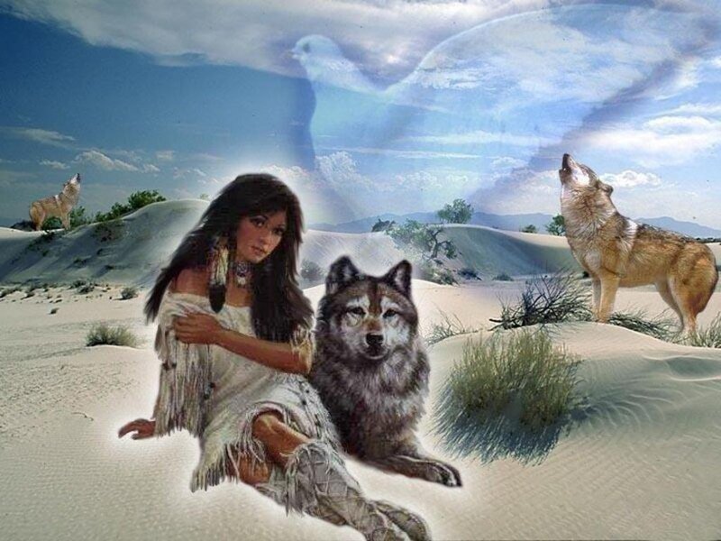 Woman with Wolves — Blue, Serene, Afternoon