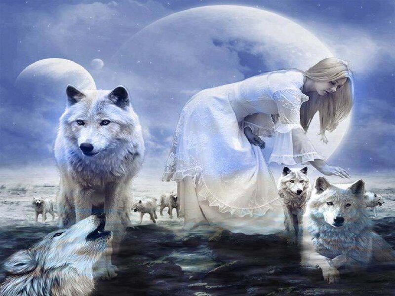 Woman with Wolves — Blue, Serene, Night