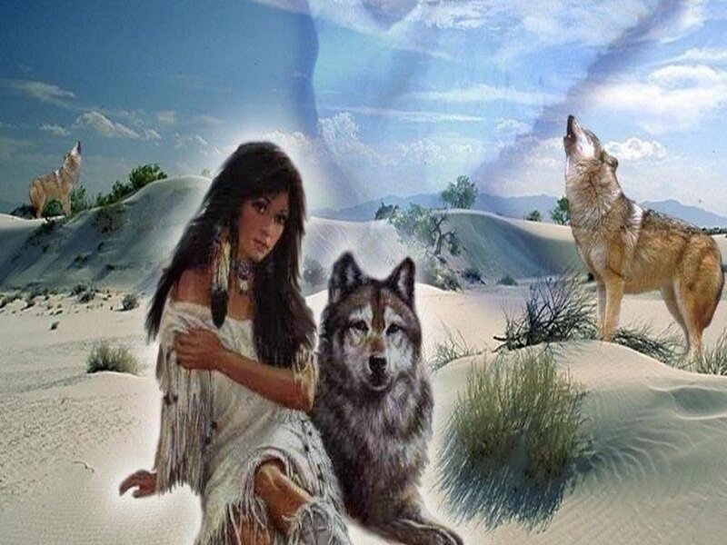 Woman with Wolves — Blue, Serene