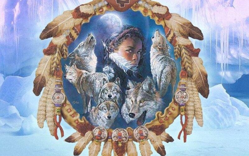 Woman with Wolves — Blue, Serene, Winter