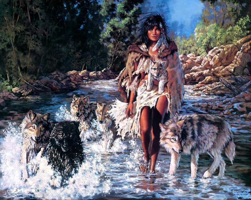 Woman with Wolves — Brown, Dramatic, Afternoon, Painting