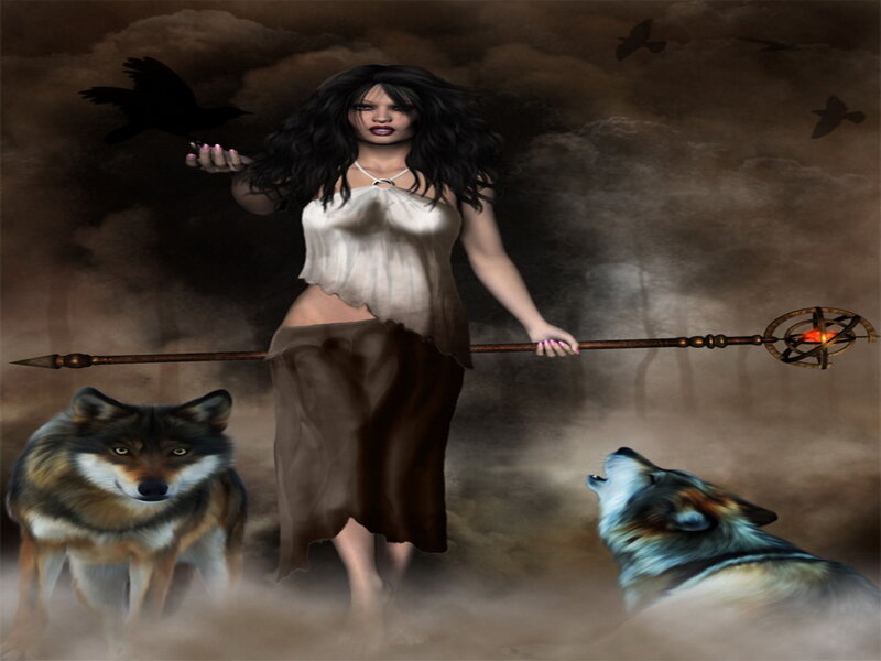 Woman with Wolves — Brown, Dramatic, Night, Digital Art