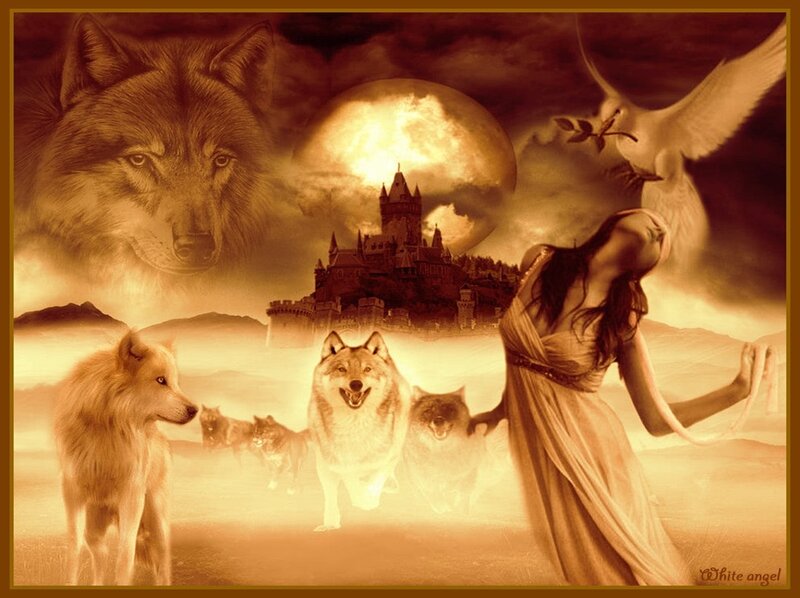 Woman with Wolves — Brown, Dramatic, Night, Digital Art, Wolf