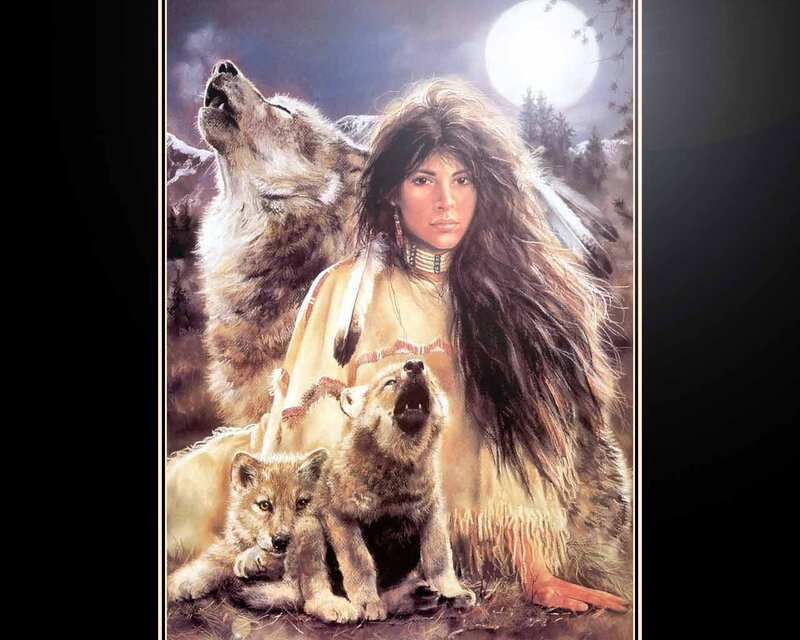 Woman with Wolves — Brown, Dramatic, Night, Illustration