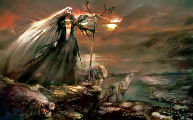 Woman with Wolves — Brown, Dramatic, Sunset, Digital Art