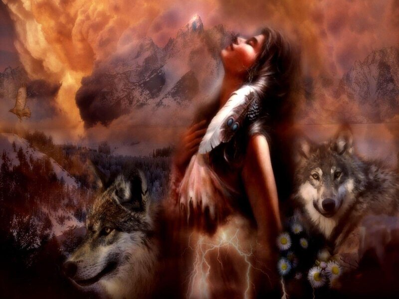 Woman with Wolves — Brown, Dramatic, Sunset