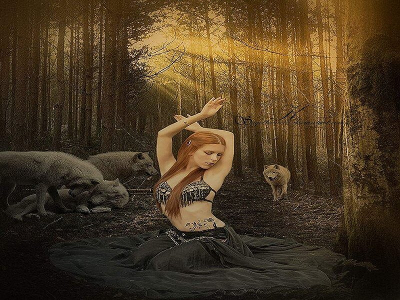 Woman with Wolves — Brown, Mystical