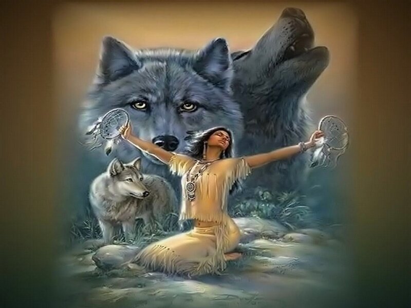 Woman with Wolves — Brown, Serene, Digital Art