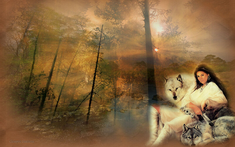 Woman with Wolves — Brown, Serene, Sunset, Digital Art