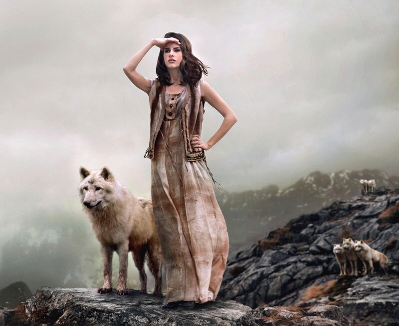 Woman with Wolves — Gray, Dramatic, Digital Art