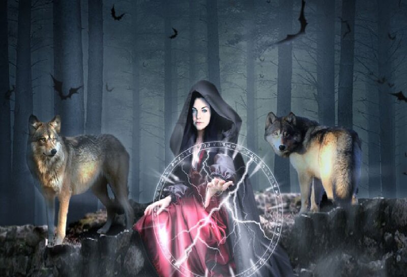 Woman with Wolves — Gray, Dramatic, Night