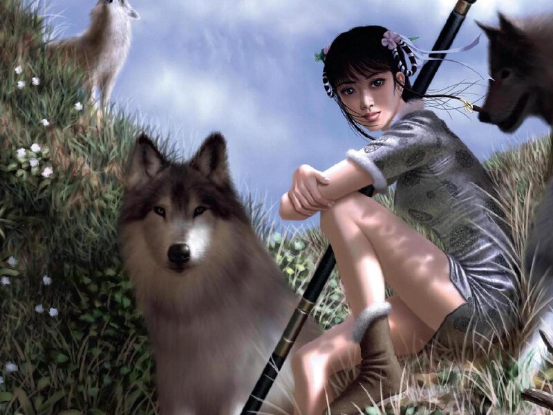 Woman with Wolves — Gray, Serene, Afternoon