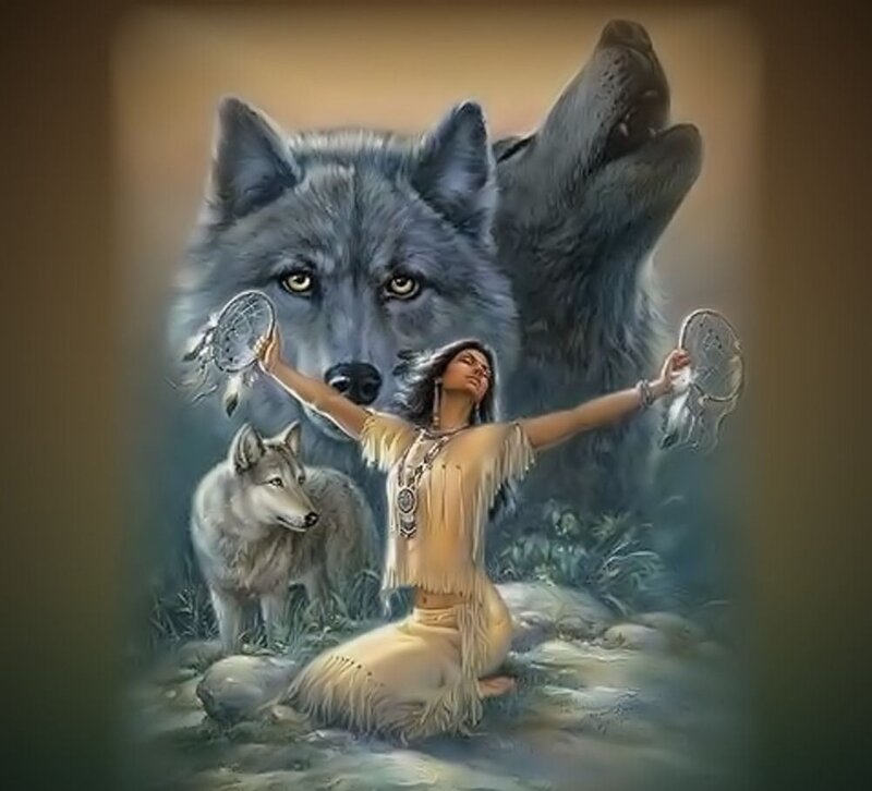 Woman with Wolves — Gray, Serene, Digital Art