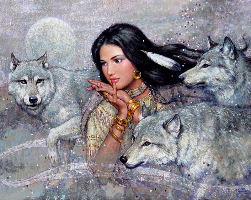 Woman with Wolves — Gray, Serene, Night