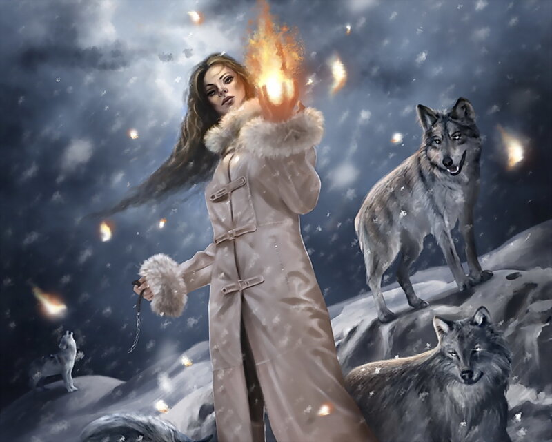 Woman with Wolves — Gray