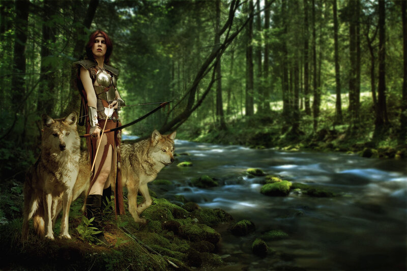 Woman with Wolves — Green, Dramatic, Afternoon, Digital Art