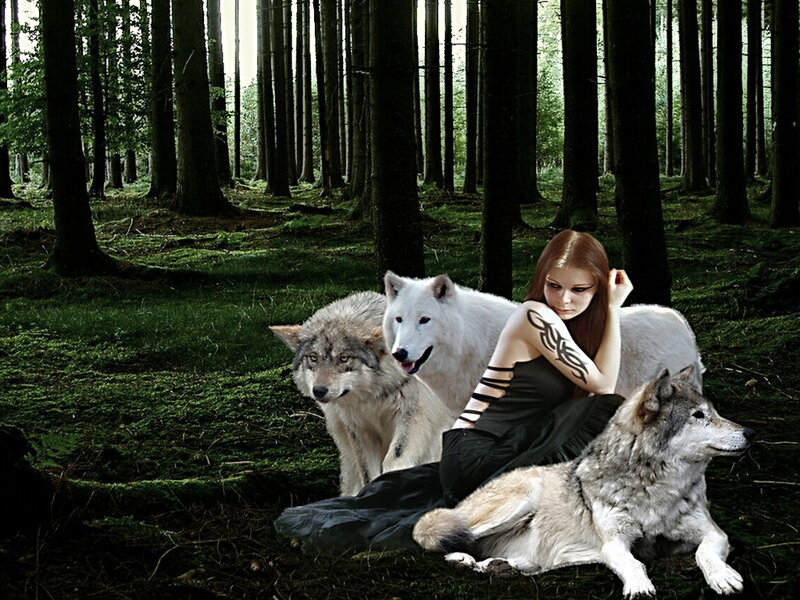 Woman with Wolves — Green, Dramatic, Afternoon