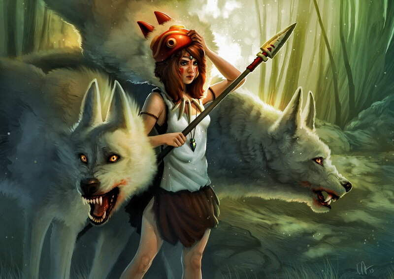 Woman with Wolves — Green, Dramatic, Digital Art