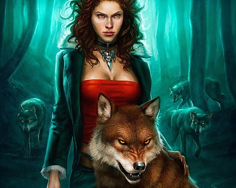 Woman with Wolves — Green, Dramatic, Night, Digital Art, Forest, Red Dress
