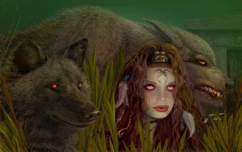 Woman with Wolves — Green, Dramatic, Night, Digital Art, Grass