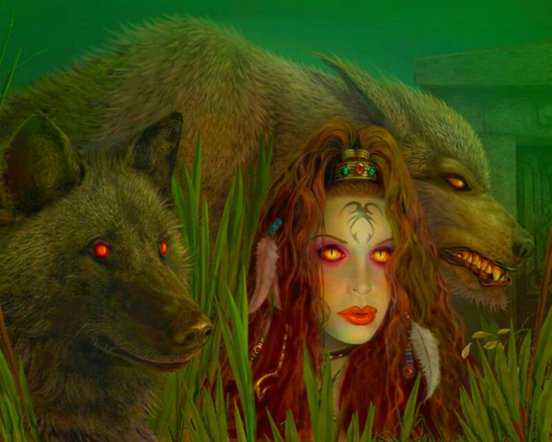 Woman with Wolves — Green, Dramatic, Night, Digital Art