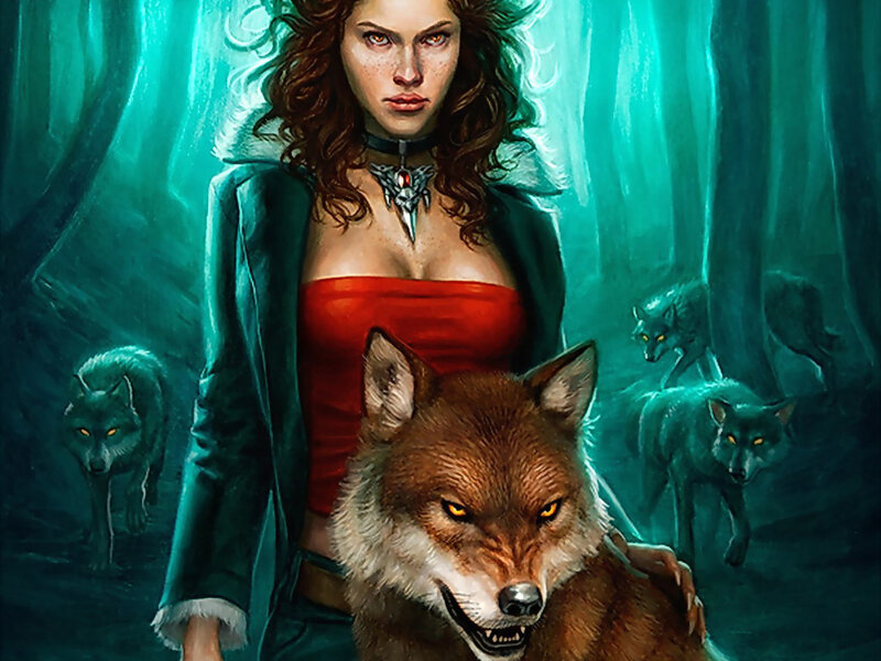Woman with Wolves — Green, Dramatic, Night