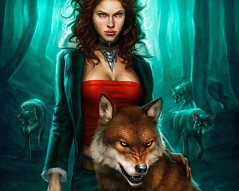 Woman with Wolves — Green, Dramatic
