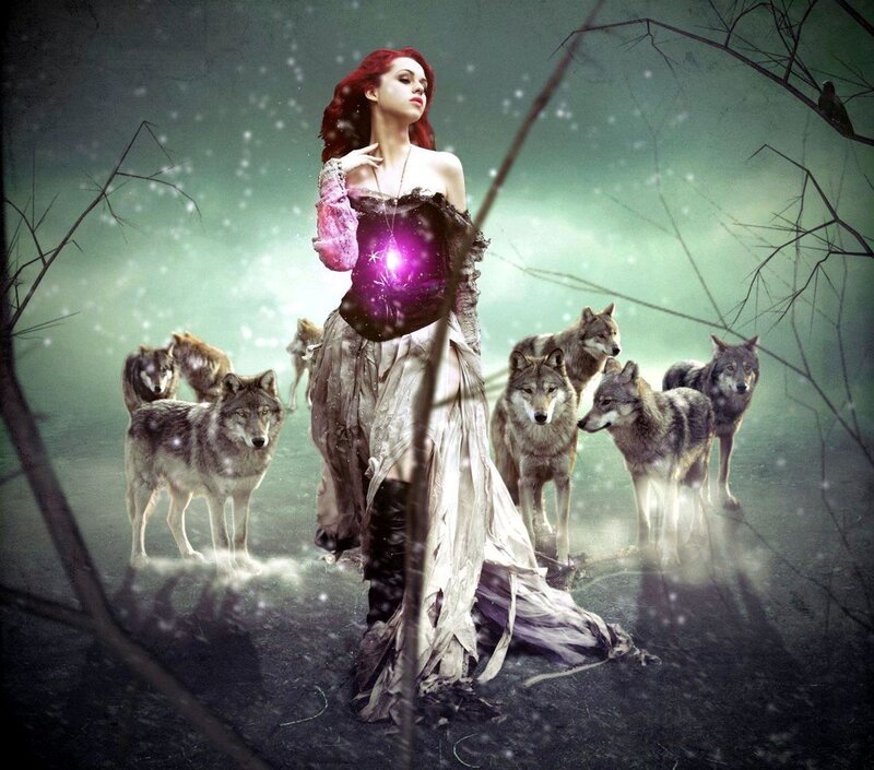 Woman with Wolves — Green, Dramatic, Winter, Digital Art, Forest