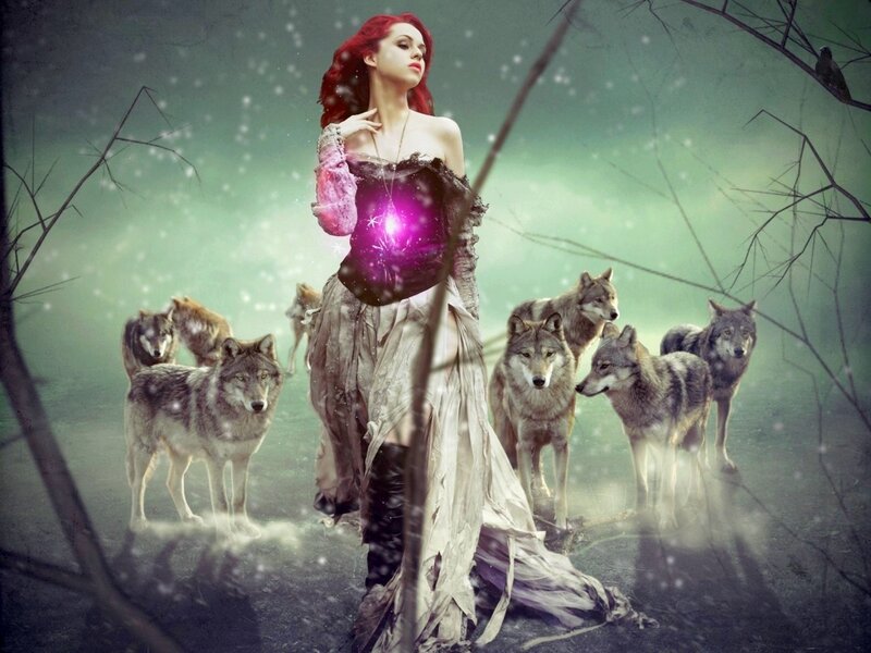 Woman with Wolves — Green, Dramatic, Winter, Digital Art