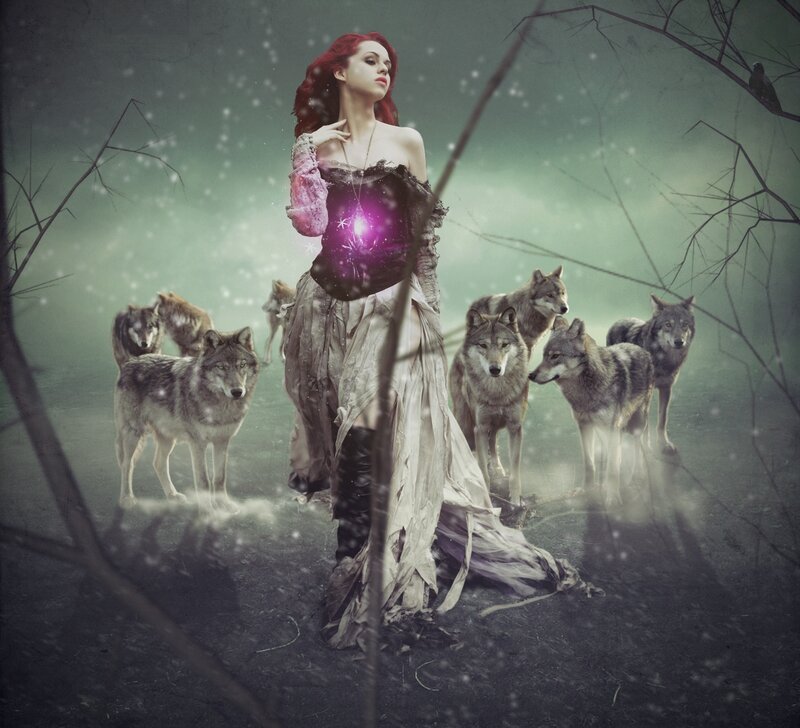 Woman with Wolves — Green, Dramatic, Winter