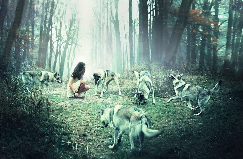 Woman with Wolves — Green, Mystical