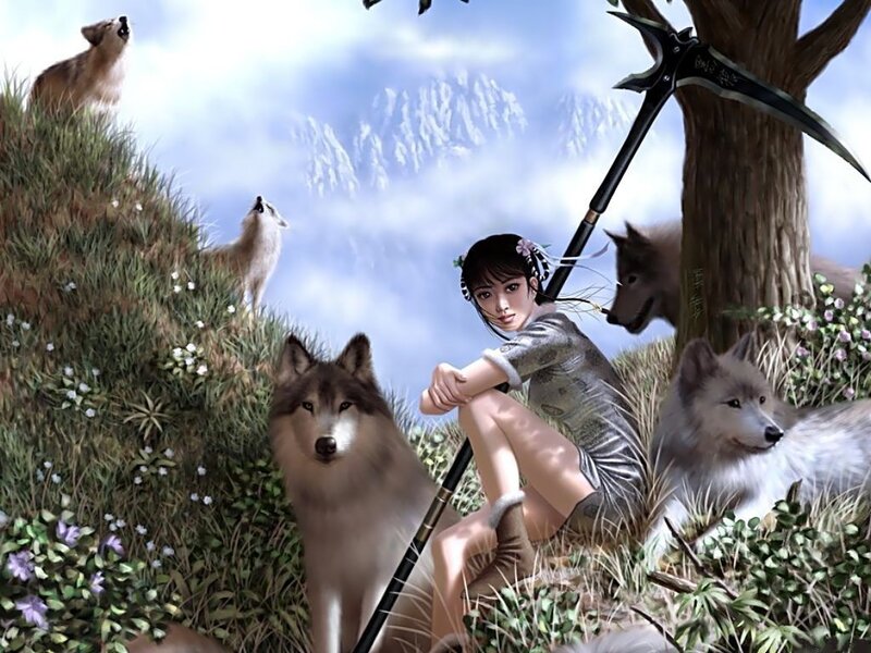 Woman with Wolves — Green, Serene, Afternoon, Digital Art, Sickle