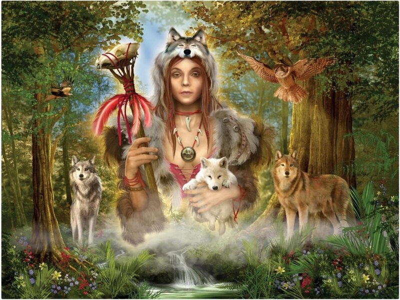 Woman with Wolves — Green, Serene, Afternoon, Digital Art, Wolf, Owl