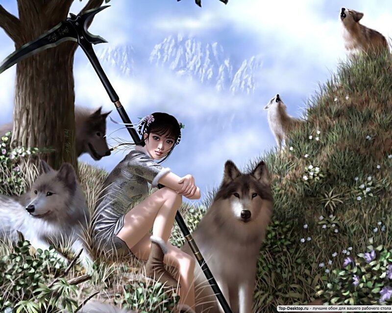 Woman with Wolves — Green, Serene, Afternoon, Digital Art, Wolf, Spear