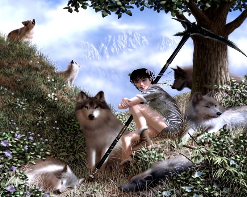 Woman with Wolves — Green, Serene, Afternoon